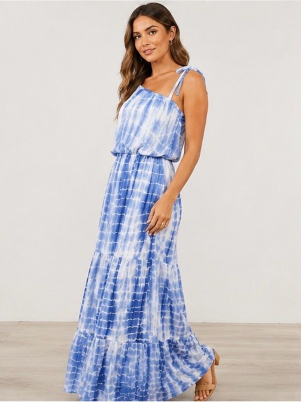 NWT Young USA Blue & White Tie-Dye One Shoulder Maxi Dress - Picture 3 of 9